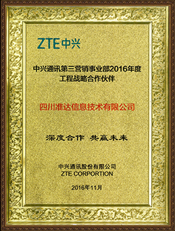 中興通訊第三營(yíng)銷(xiāo)事業(yè)部2016年度工程戰(zhàn)略合作伙伴深度合作共贏未來(lái)獎(jiǎng)